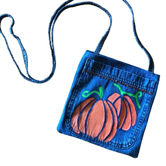 Handmade Crossbody Bag: Recycled Denim Cell Phone Holder, Autumn Painted Pumpkin - Picture 8 of 11